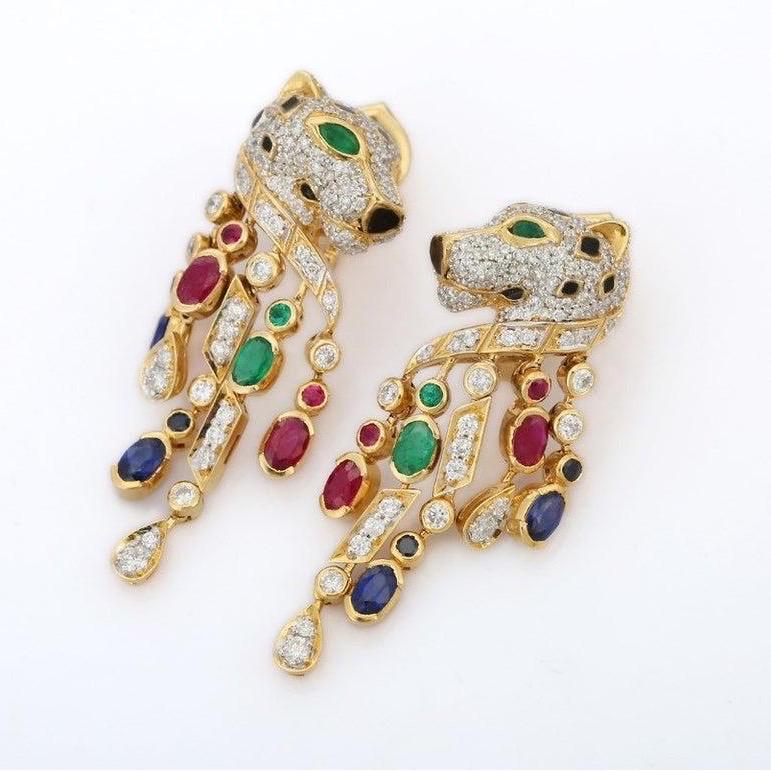 Cast in 14 karat gold. These beautiful earrings are hand set in 2.80 carats precious gemstones & 2.20 carats of sparkling diamonds.

FOLLOW MEGHNA JEWELS storefront to view the latest collection & exclusive pieces. Meghna Jewels is proudly rated as