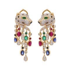 Boucles d'oreilles panthère en or 14 carats avec émeraude, rubis, saphir et diamant