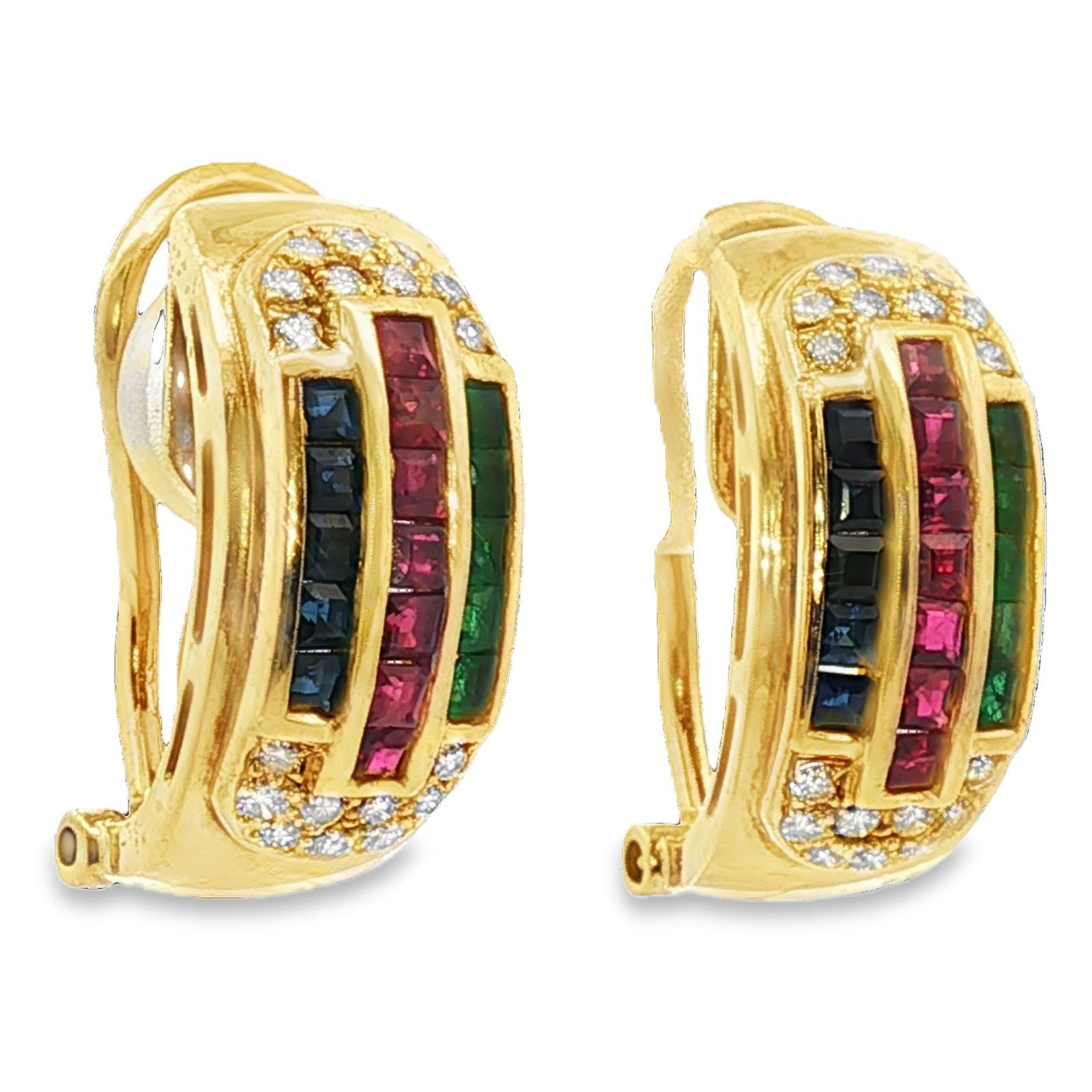 Smaragd-Rubin-Saphir-Diamant 18KYG Halber Reifen Leverback Vintage By Ohrringe (Moderne) im Angebot