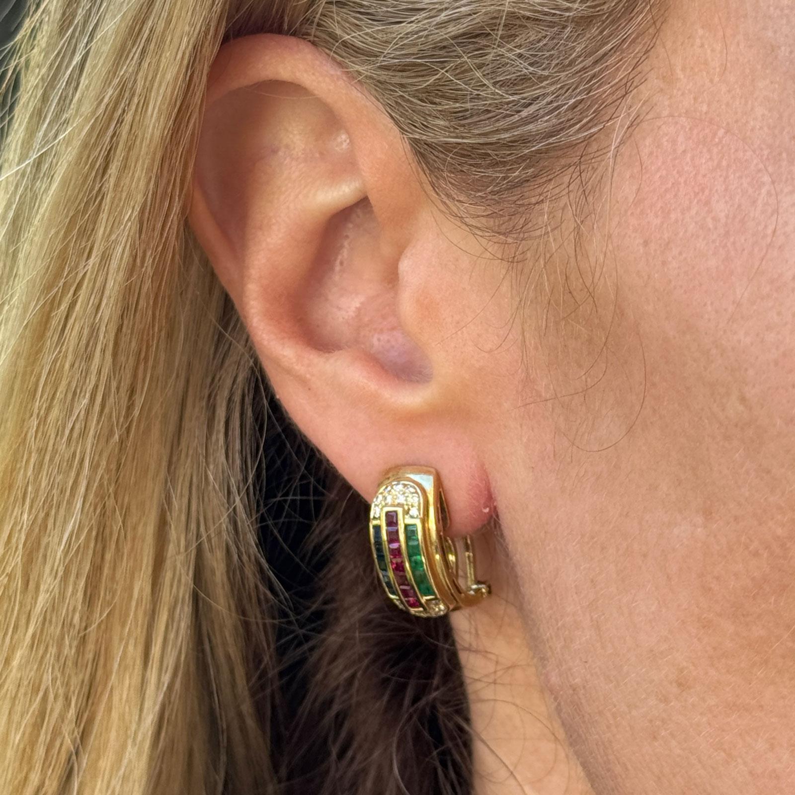 Smaragd-Rubin-Saphir-Diamant 18KYG Halber Reifen Leverback Vintage By Ohrringe (Brillantschliff) im Angebot