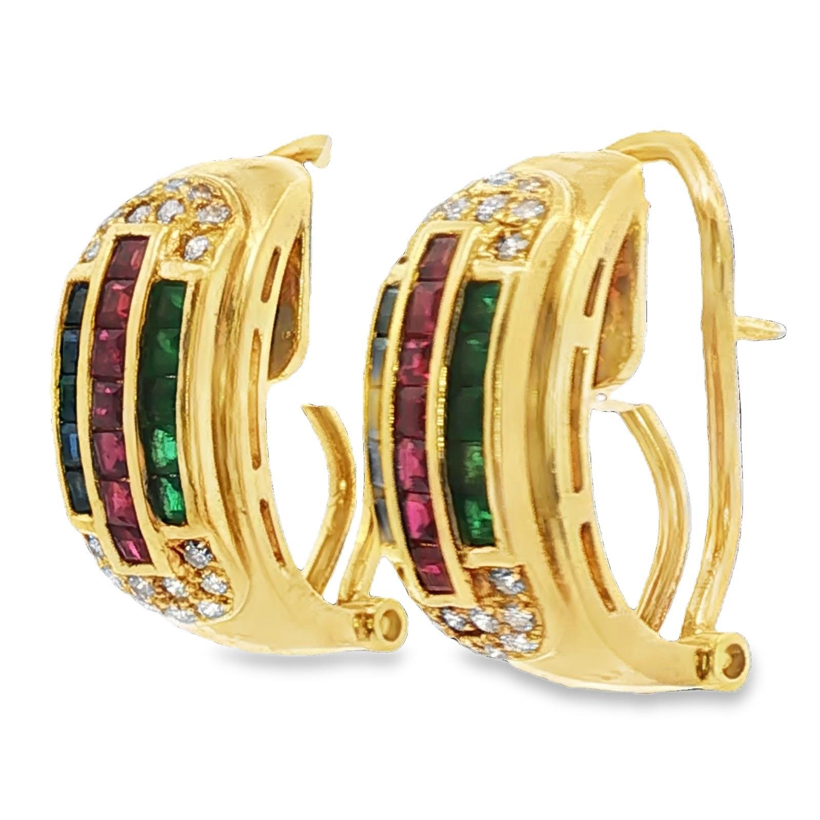 Smaragd-Rubin-Saphir-Diamant 18KYG Halber Reifen Leverback Vintage By Ohrringe im Zustand „Hervorragend“ im Angebot in Boca Raton, FL