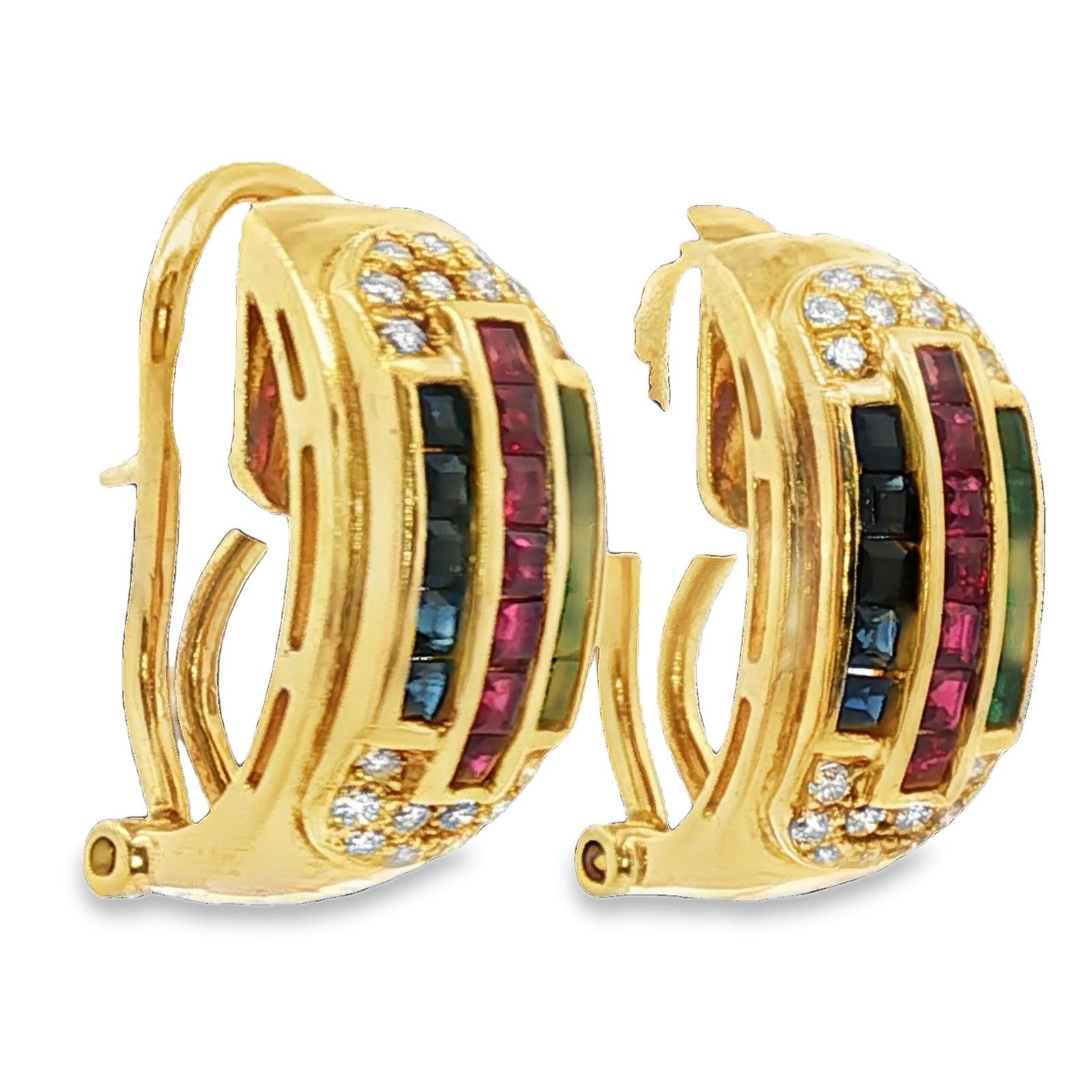 Smaragd-Rubin-Saphir-Diamant 18KYG Halber Reifen Leverback Vintage By Ohrringe im Angebot 1