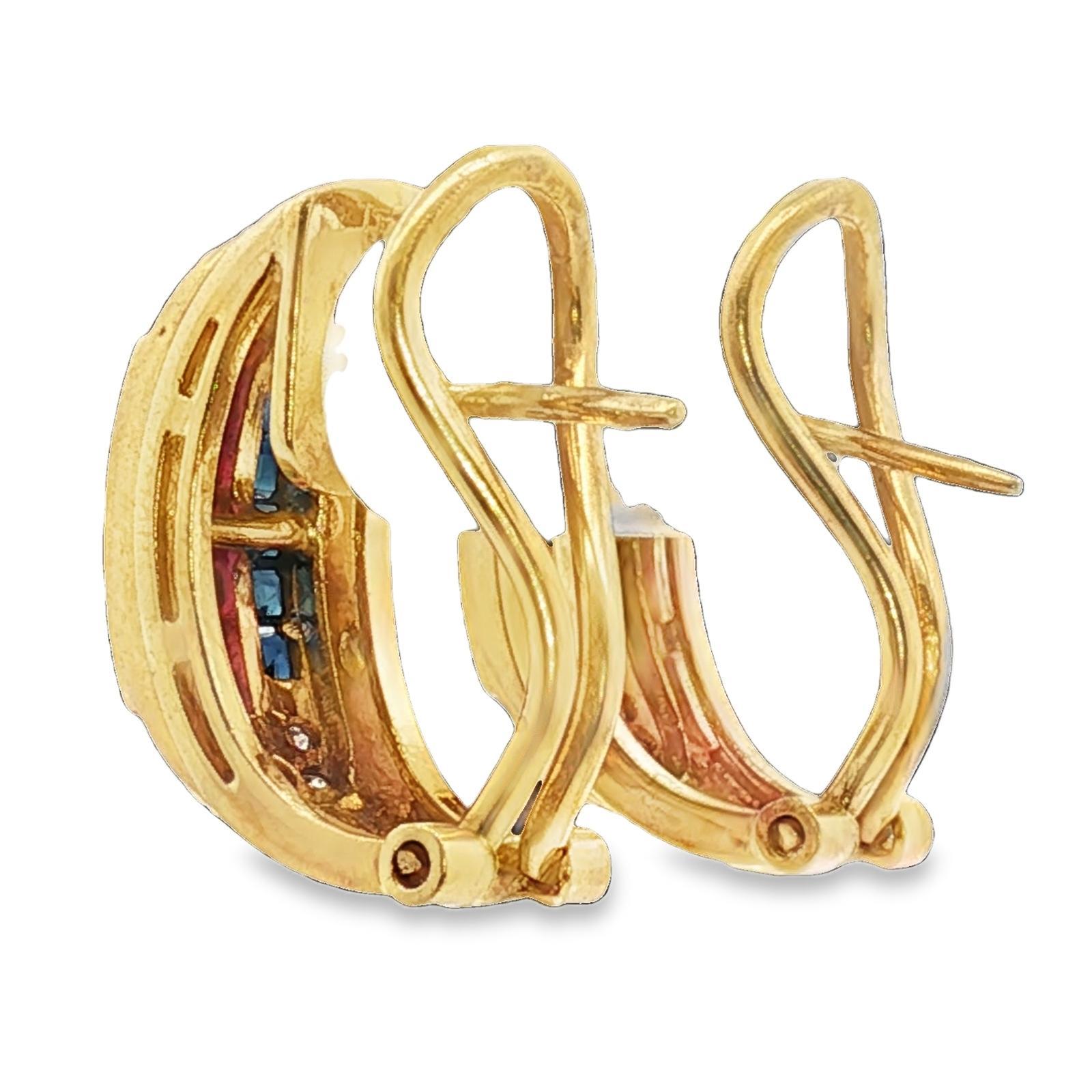 Smaragd-Rubin-Saphir-Diamant 18KYG Halber Reifen Leverback Vintage By Ohrringe im Angebot 2