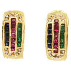 Boucles d'oreilles Emeraude Rubis Saphir Diamant 18KYG Half Hoop Leverback Vintage Earrings