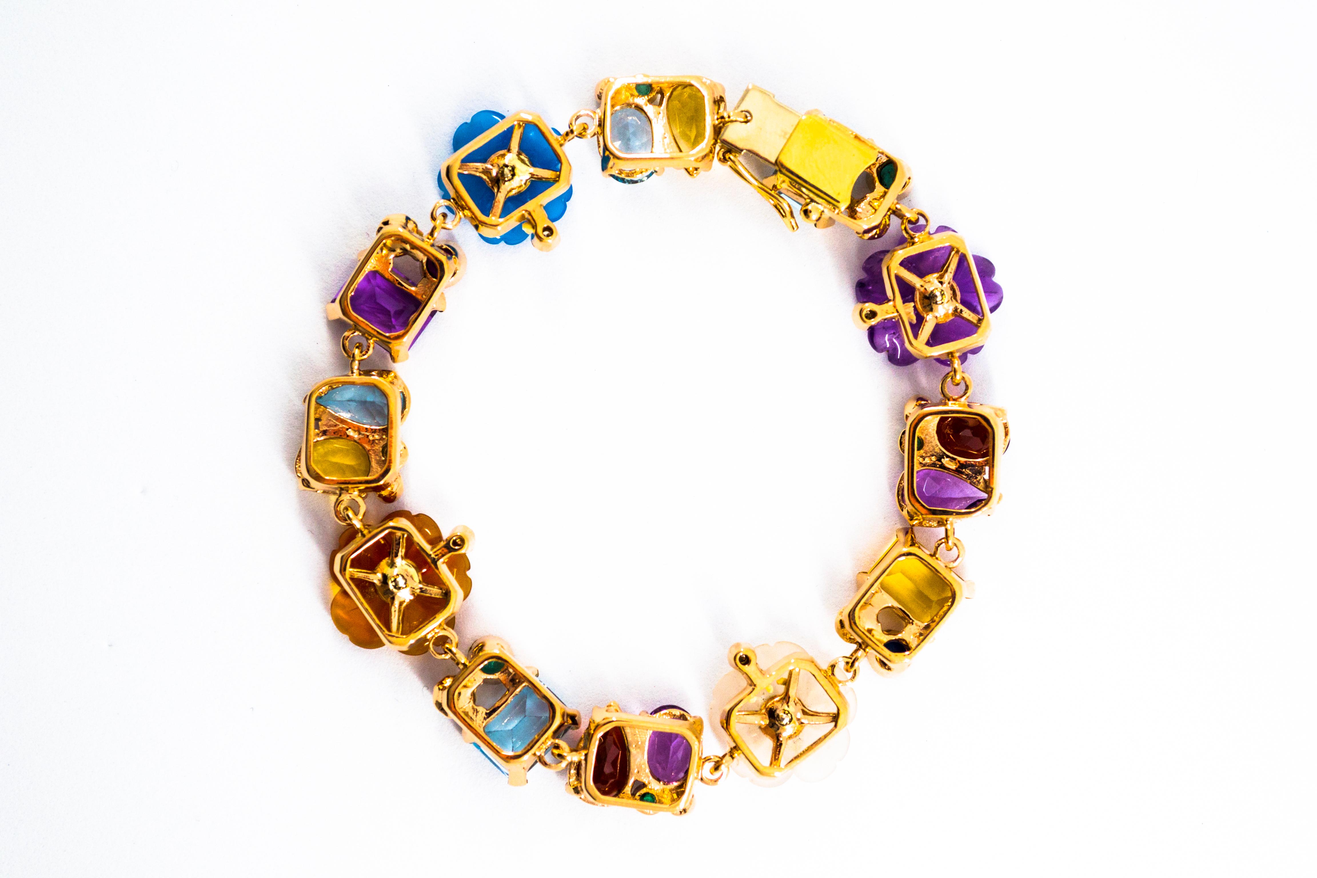 Art nouveau Bracelet de fleurs en or jaune avec émeraude, rubis, saphir, diamant, citrine, agate et perle