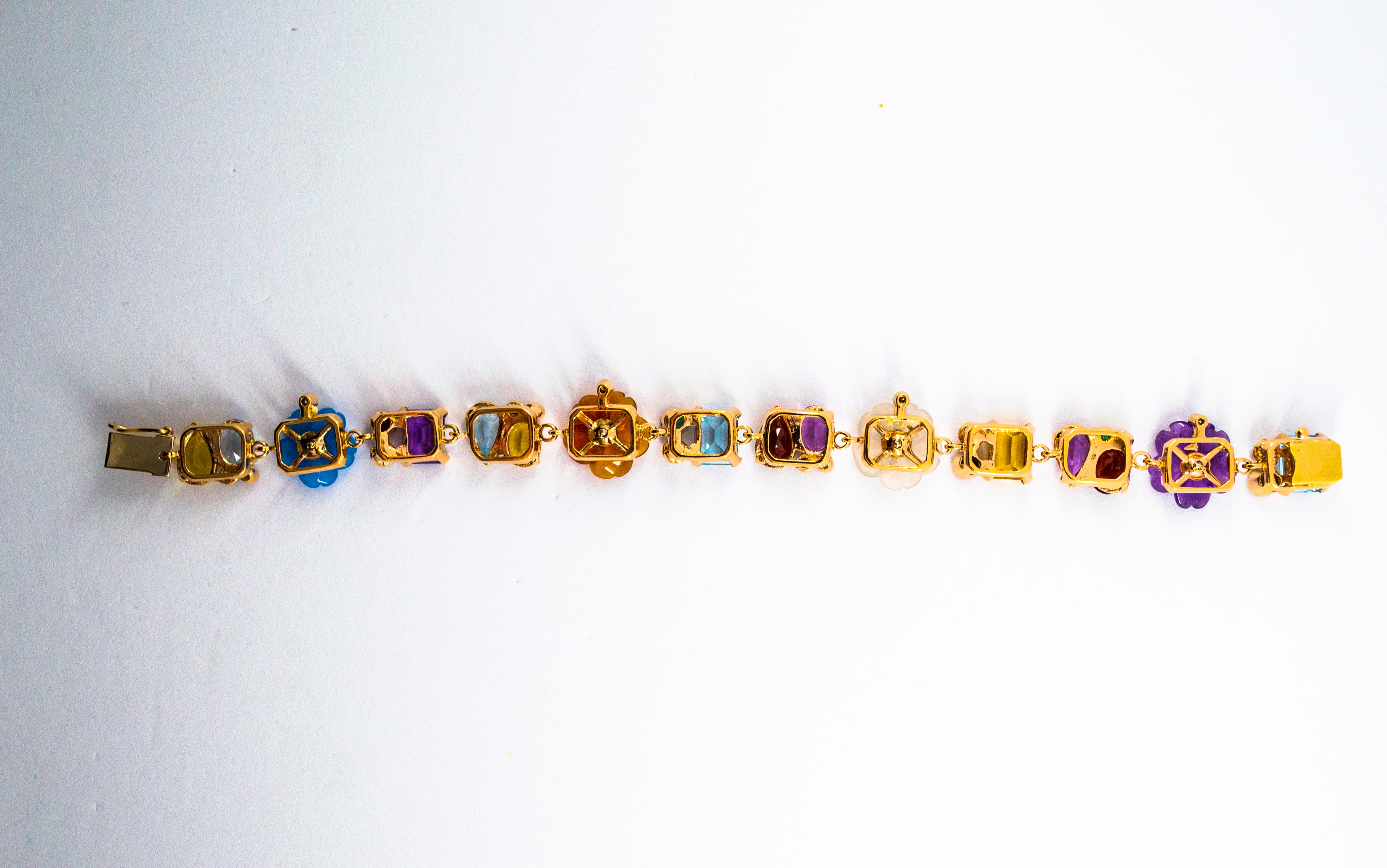 Emerald Ruby Sapphire Diamond Citrine Agate Pearl Yellow Gold Flowers Bracelet In New Condition In Naples, IT