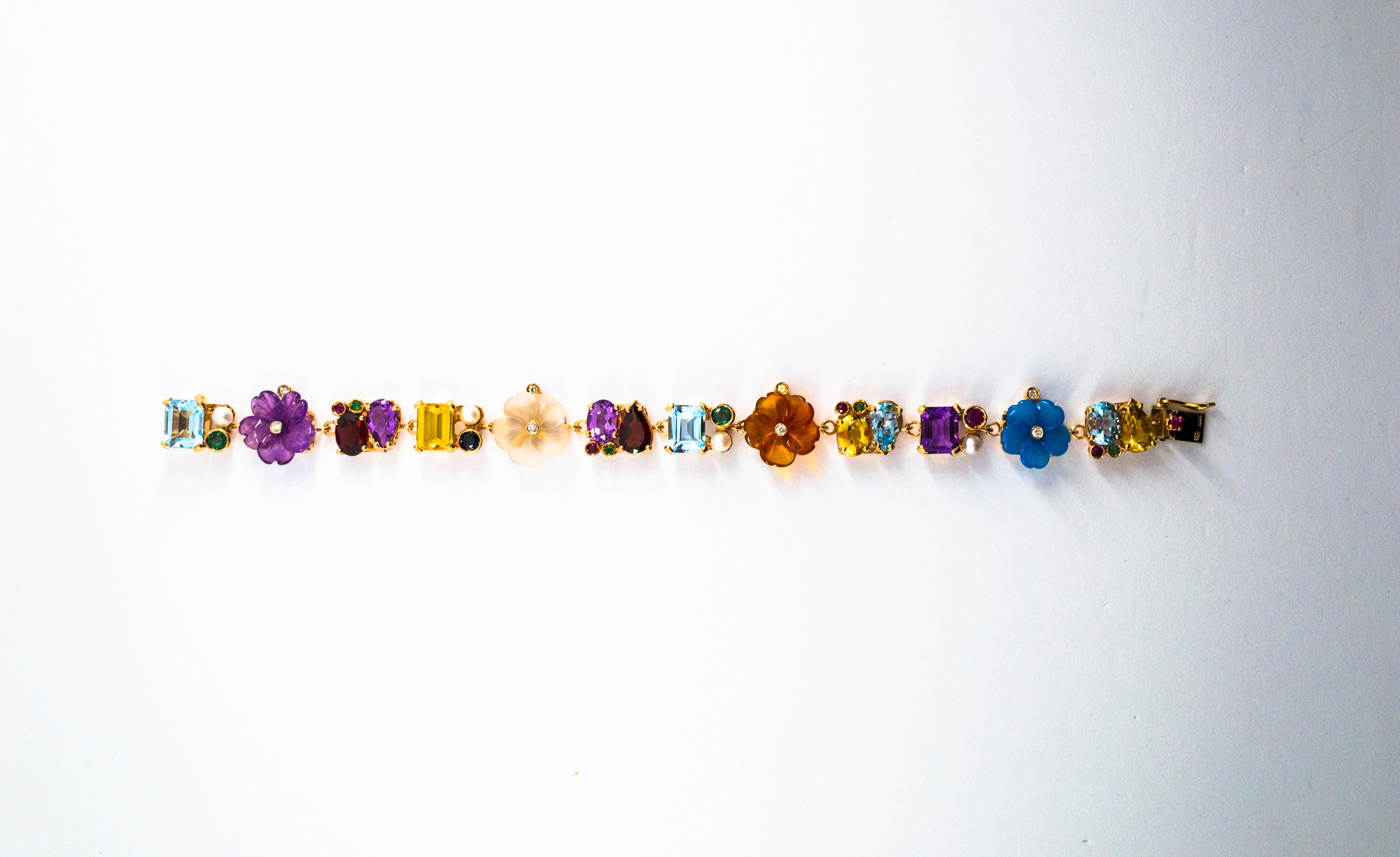 Emerald Ruby Sapphire Diamond Citrine Agate Pearl Yellow Gold Flowers Bracelet In New Condition For Sale In Naples, IT