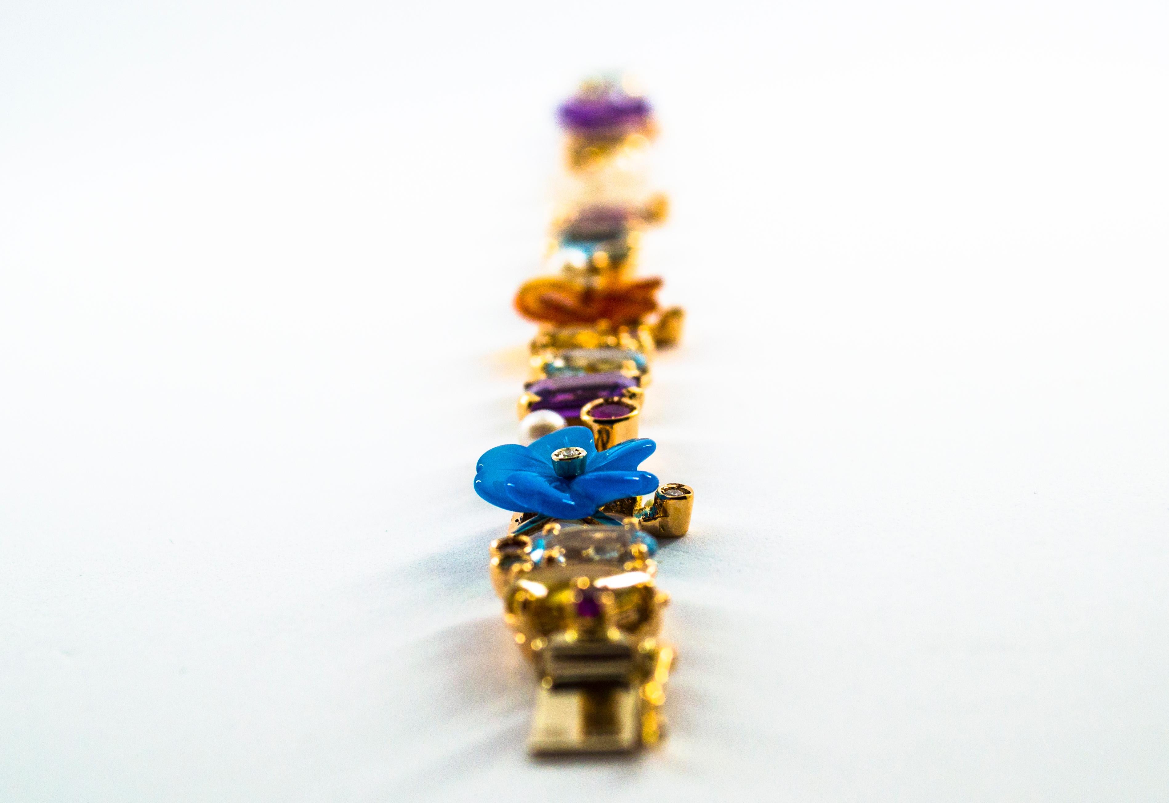 Bracelet de fleurs en or jaune avec émeraude, rubis, saphir, diamant, citrine, agate et perle Unisexe en vente