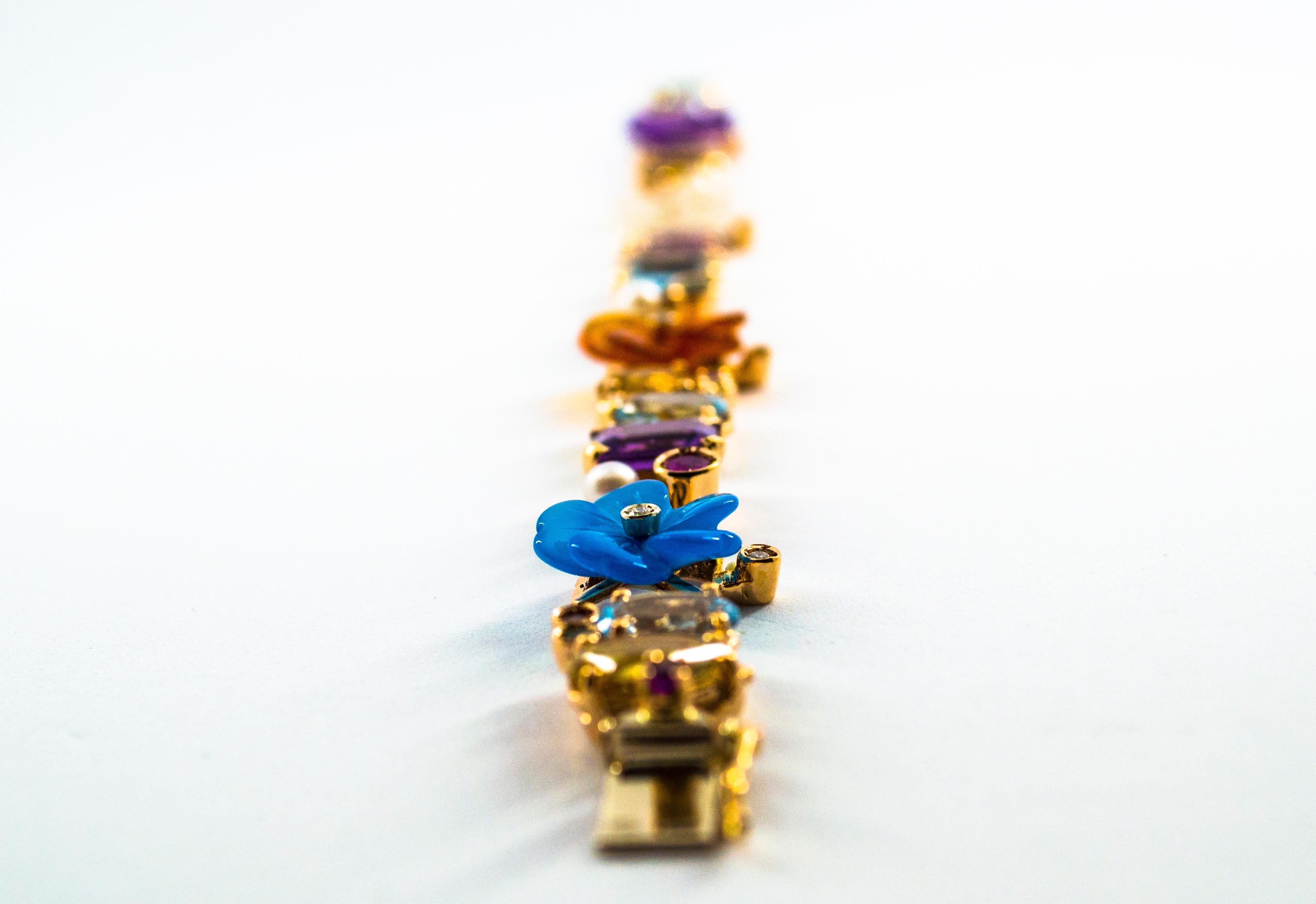  Bracelet de fleurs en or jaune avec émeraude, rubis, saphir, diamant, citrine, agate et perle Unisexe 