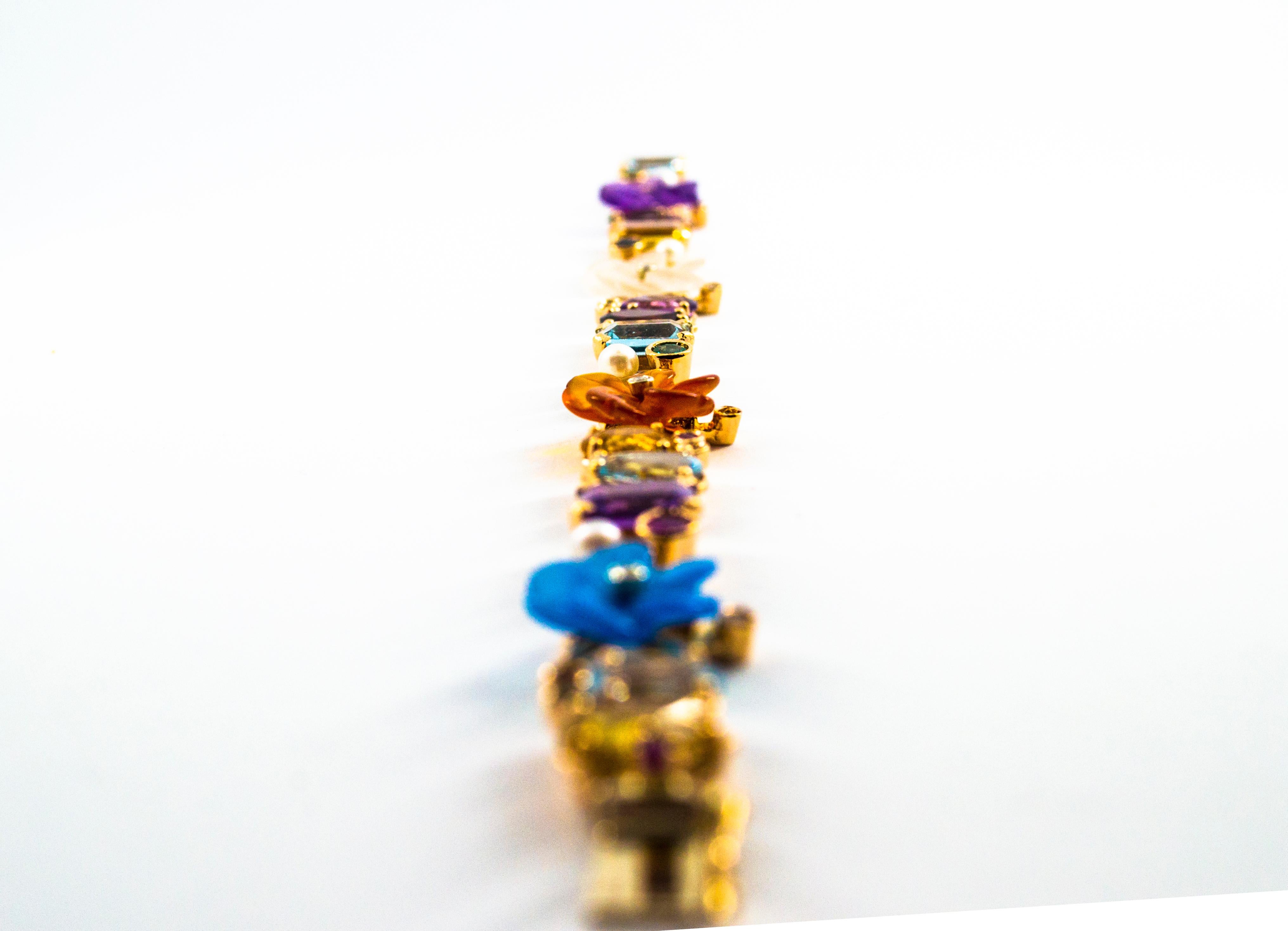 Bracelet de fleurs en or jaune avec émeraude, rubis, saphir, diamant, citrine, agate et perle en vente 1