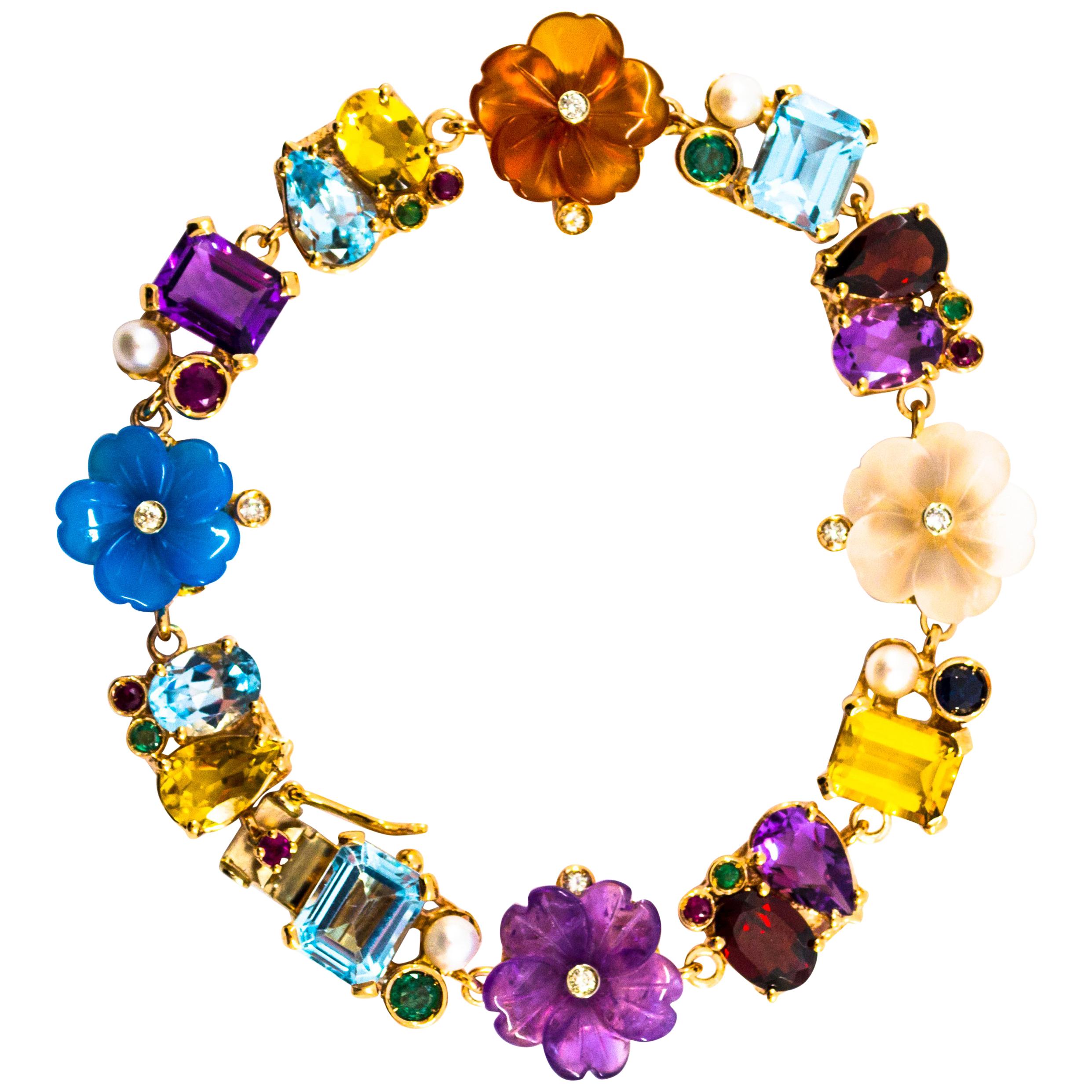 Emerald Ruby Sapphire Diamond Citrine Agate Pearl Yellow Gold Flowers Bracelet