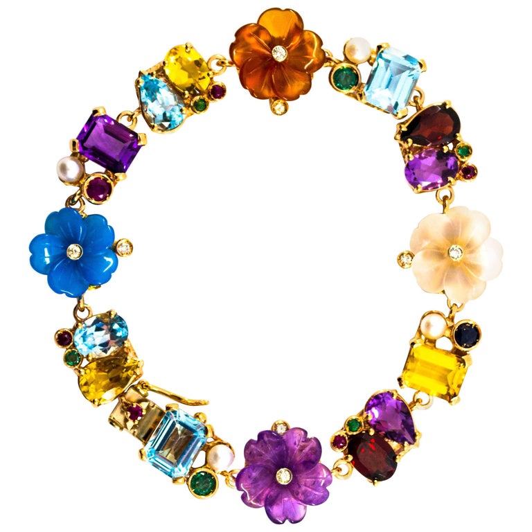Emerald Ruby Sapphire Diamond Citrine Agate Pearl Yellow Gold Flowers Bracelet For Sale