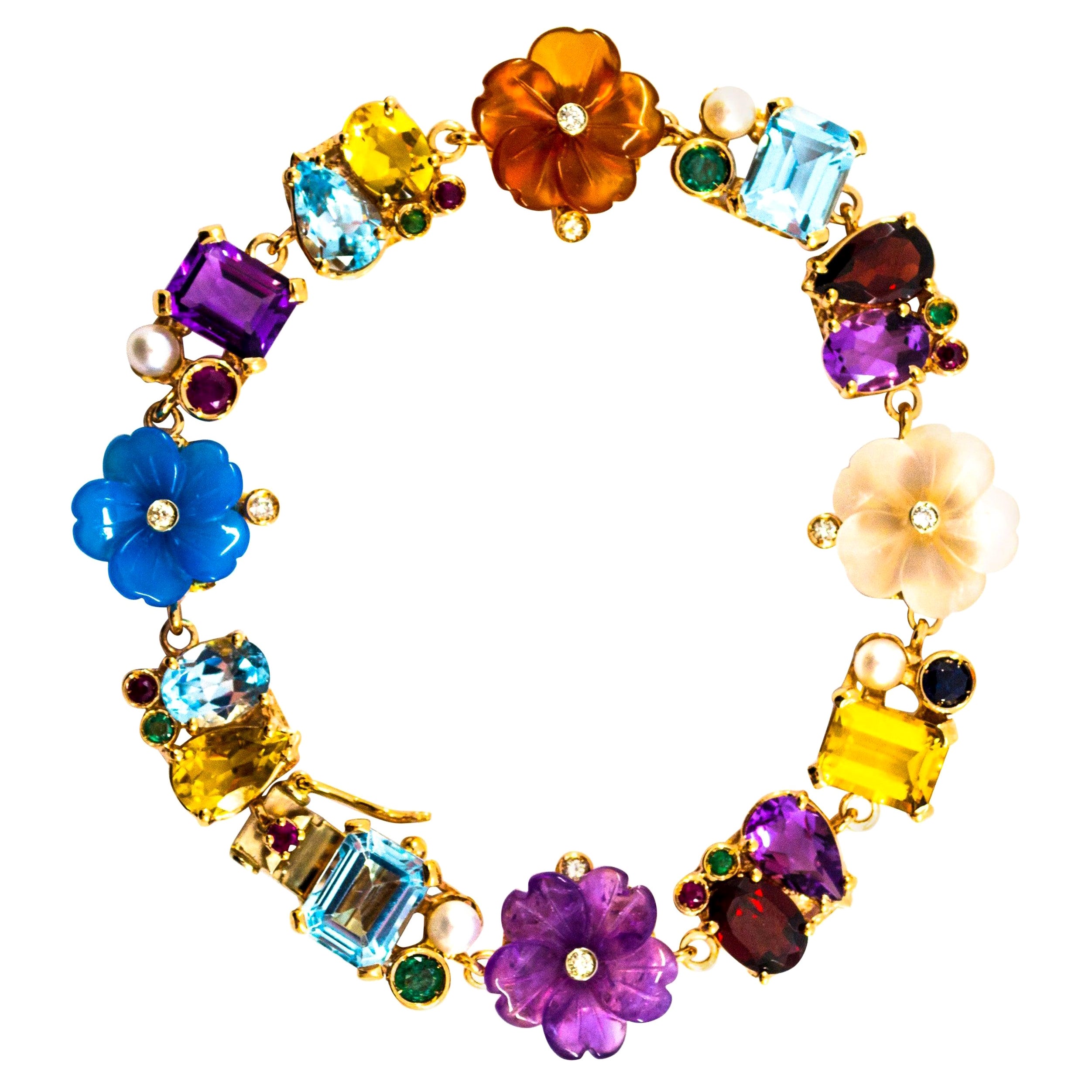 Bracelet de fleurs en or jaune avec émeraude, rubis, saphir, diamant, citrine, agate et perle