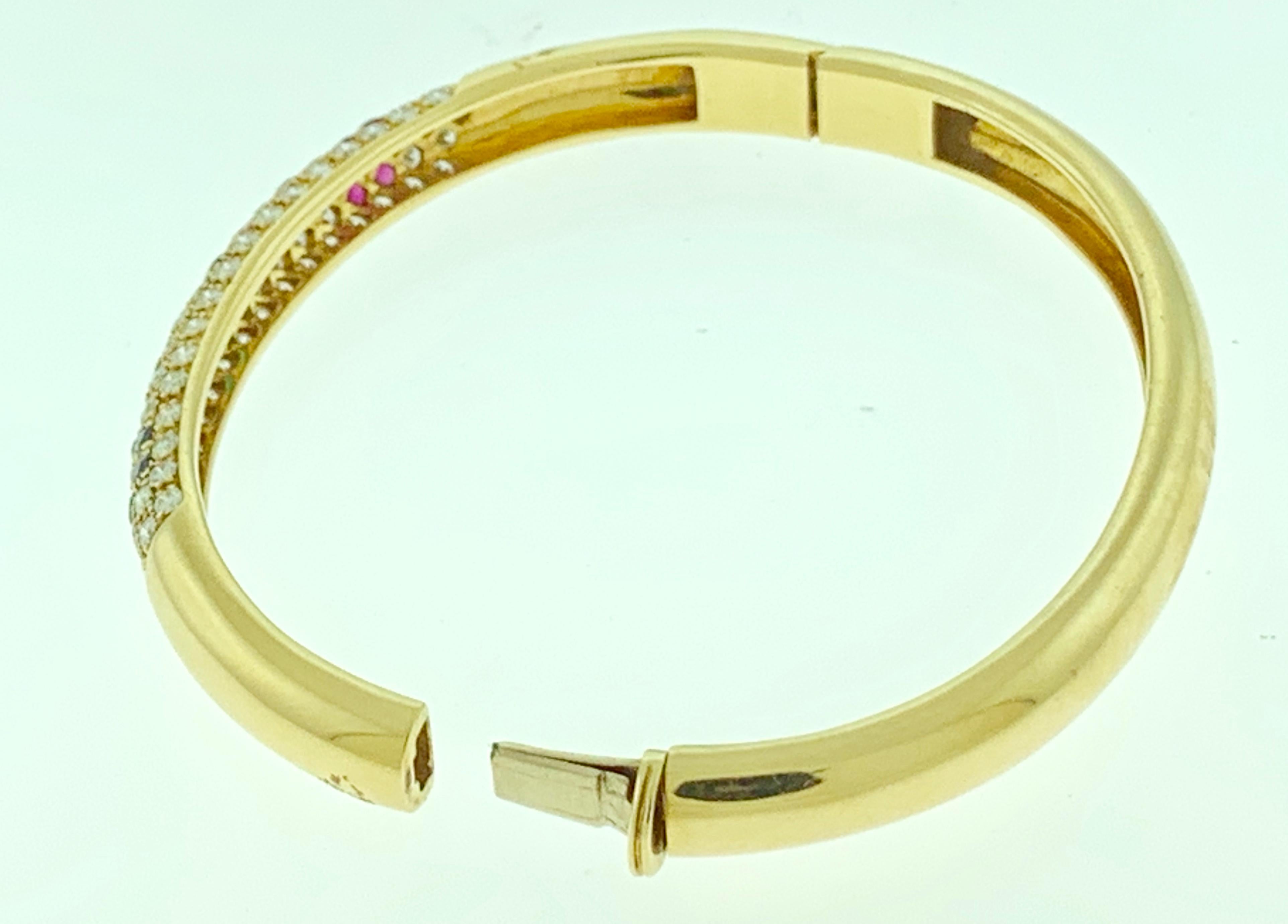 Round Cut Emerald Ruby Sapphire and Diamond Cuff Bangle Bracelet in 18 Karat Yellow Gold