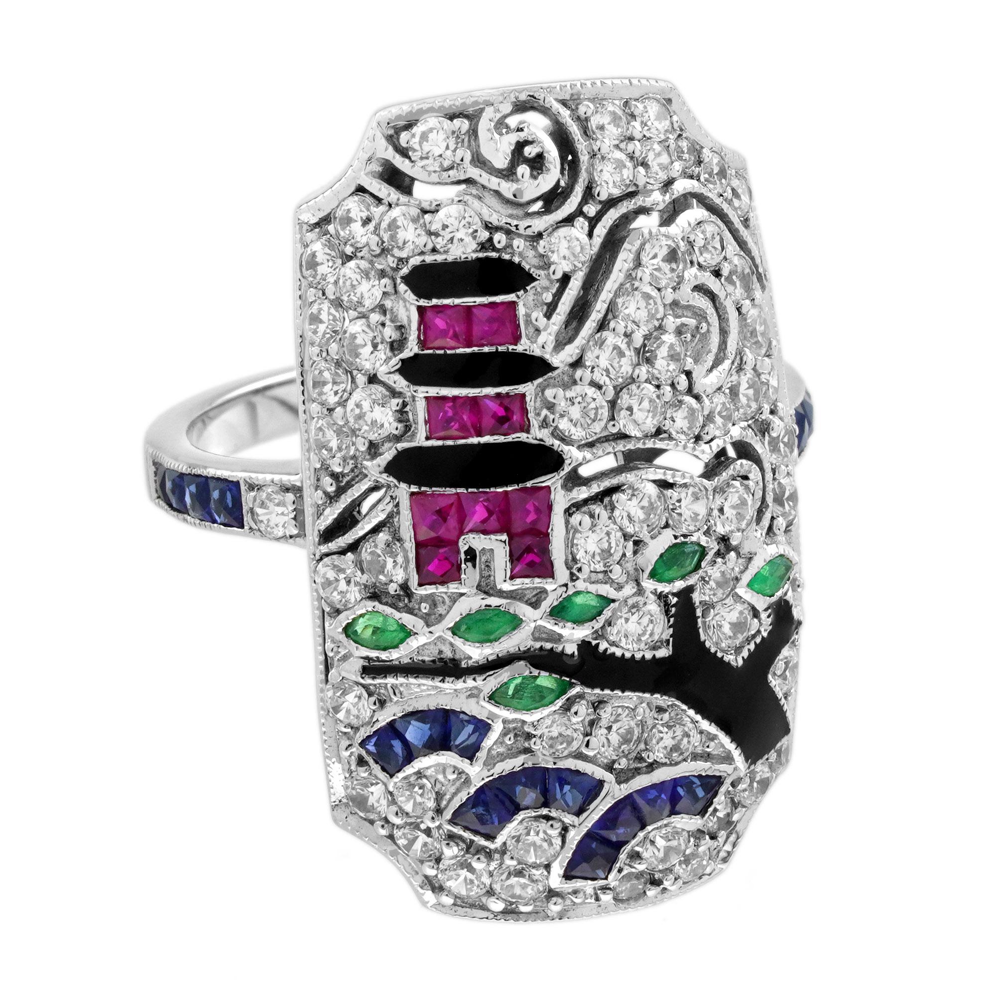 Smaragd-Rubin-Saphir-Diamant-Emaille-Ring mit japanischer Szenerie aus 18 K Weißgold (Rundschliff) im Angebot