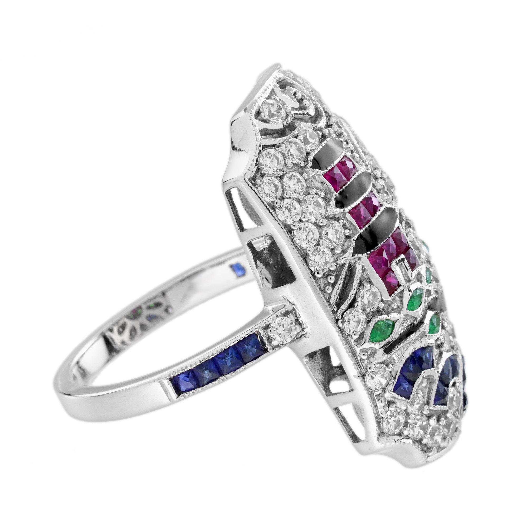 Anello con smeraldo, rubino, zaffiro, diamante, smalto e paesaggi giapponesi in oro bianco 18 carati In condizioni Nuovo in vendita a Bangkok, TH