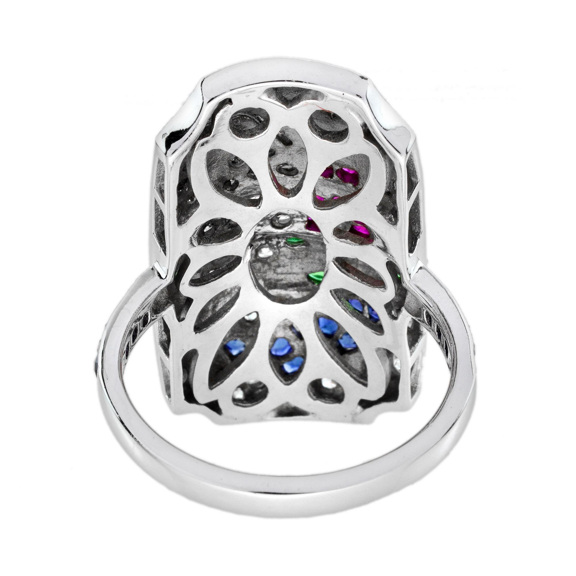 Donna Anello con smeraldo, rubino, zaffiro, diamante, smalto e paesaggi giapponesi in oro bianco 18 carati in vendita