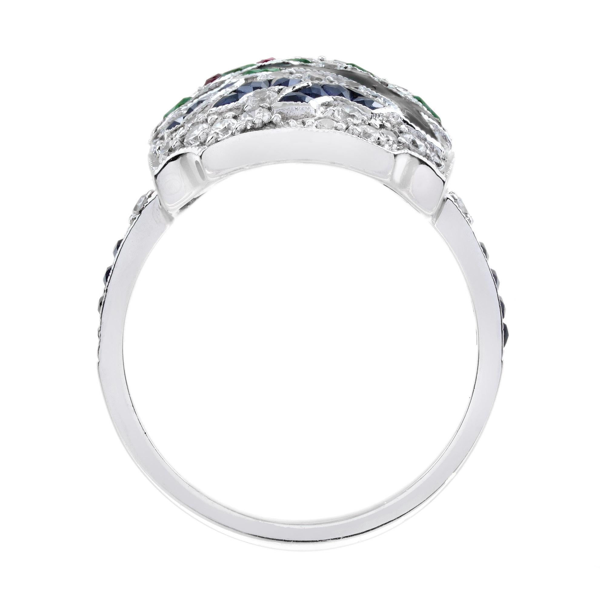 Anello con smeraldo, rubino, zaffiro, diamante, smalto e paesaggi giapponesi in oro bianco 18 carati in vendita 1