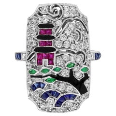 Emerald Ruby Sapphire Diamond Enamel Japanese Scenery Ring in 18K White Gold