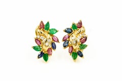 Emerald Ruby Sapphire Diamond Gold Suite Bangle Bracelet Earrings and Ring
