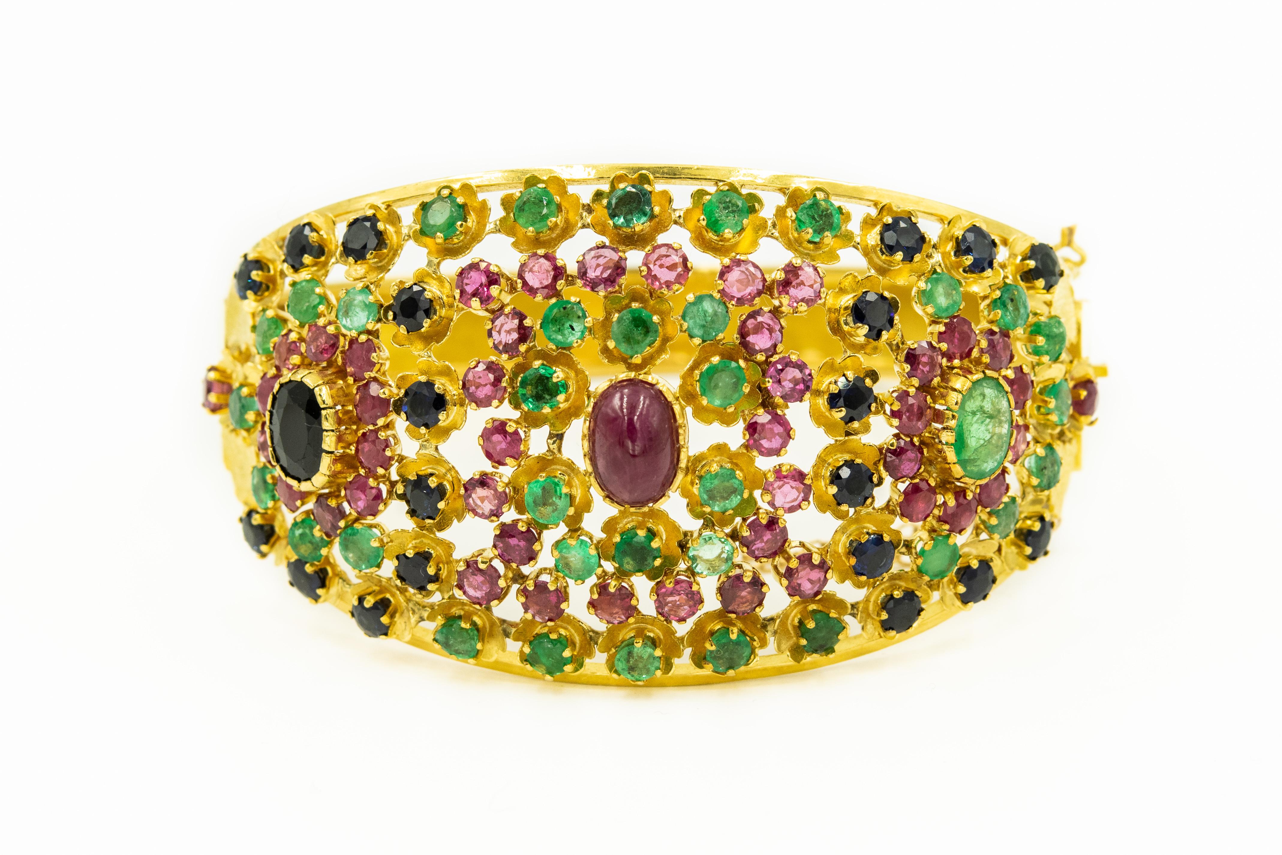 Women's or Men's Emerald Ruby Sapphire Diamond Gold Suite Bangle Bracelet Earrings and Ring