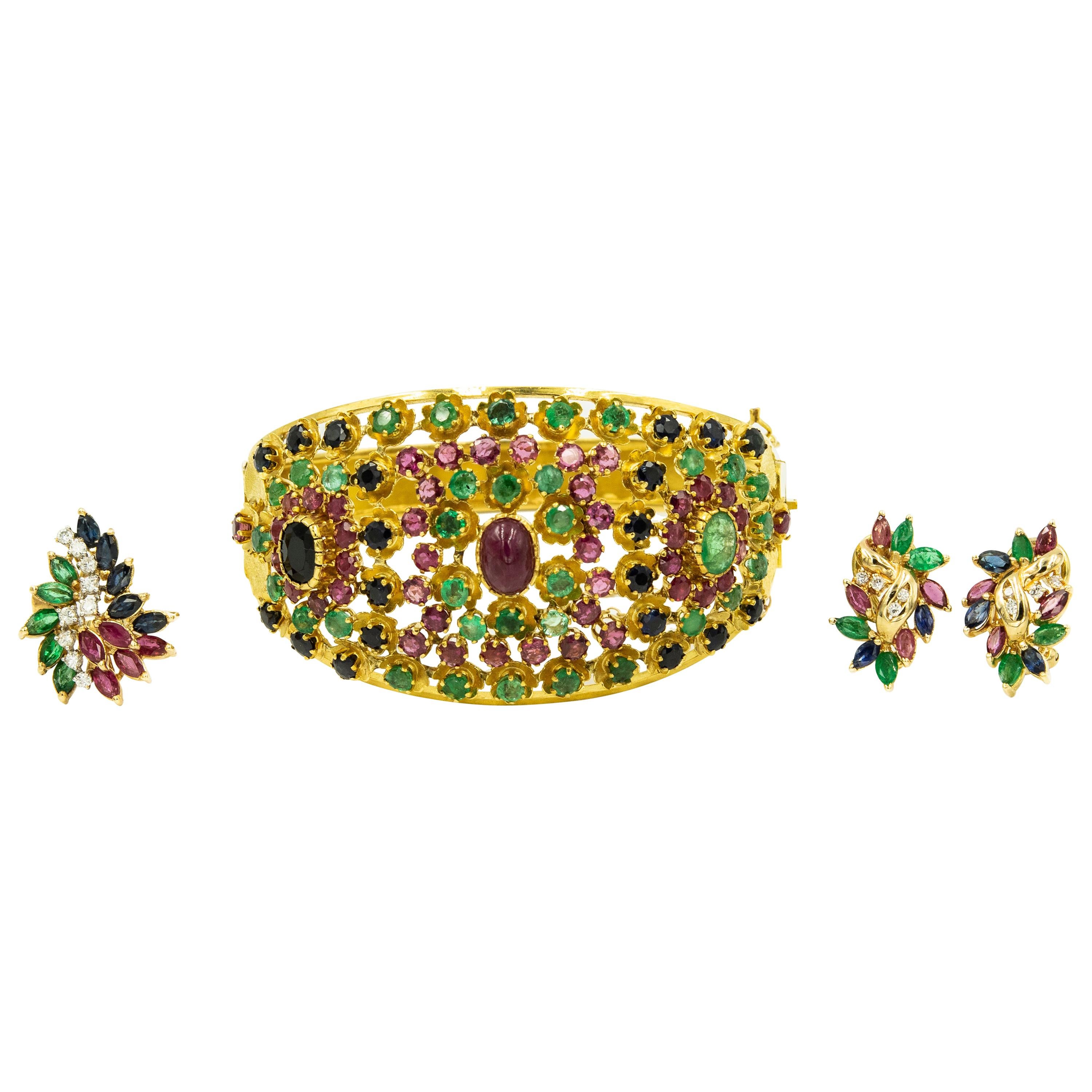 Emerald Ruby Sapphire Diamond Gold Suite Bangle Bracelet Earrings and Ring