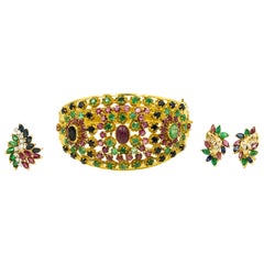 Vintage Emerald Ruby Sapphire Diamond Gold Suite Bangle Bracelet Earrings and Ring