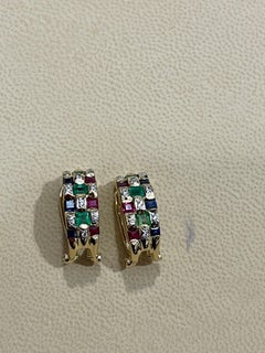 Emerald Ruby Sapphire and Diamond  Omega Back/Clip Earrings 18 Karat Yellow Gold