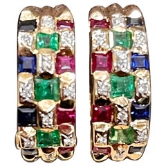 Emerald Ruby Sapphire and Diamond  Omega Back/Clip Earrings 18 Karat Yellow Gold