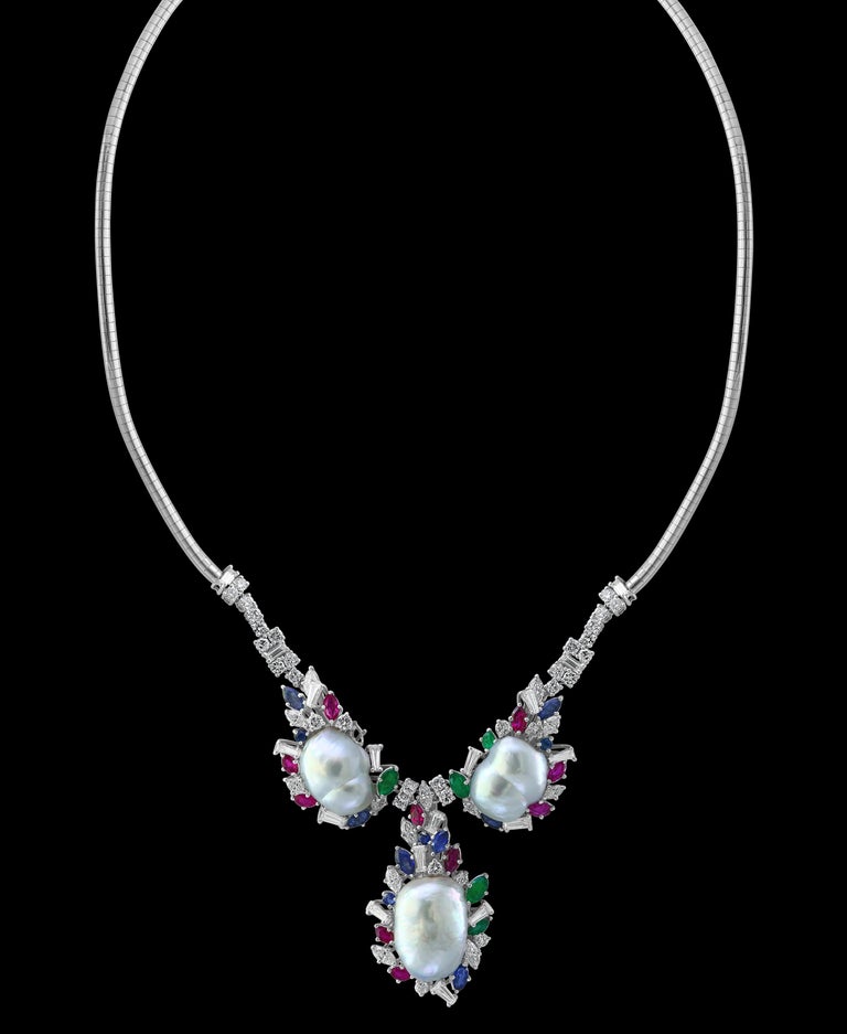 Emerald Ruby Sapphire Diamond Pearl Necklace and Ring Set in 18 Karat ...