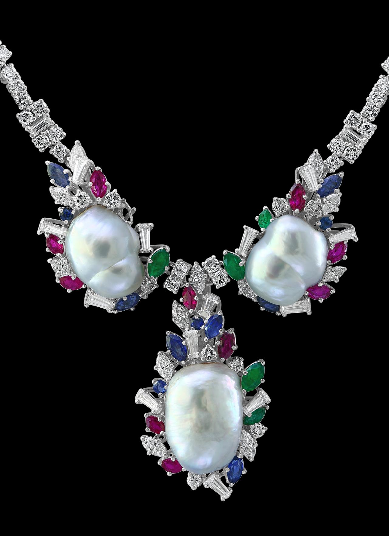 Halskette mit Smaragd, Rubin, Saphir und Diamant Perle  18 Karat Gold in 18 Karat Gold im Zustand „Hervorragend“ im Angebot in New York, NY