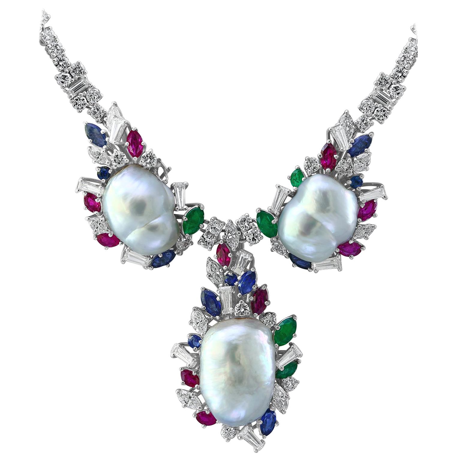 Emerald Ruby Sapphire Diamond Pearl Necklace  Set in 18 Karat Gold