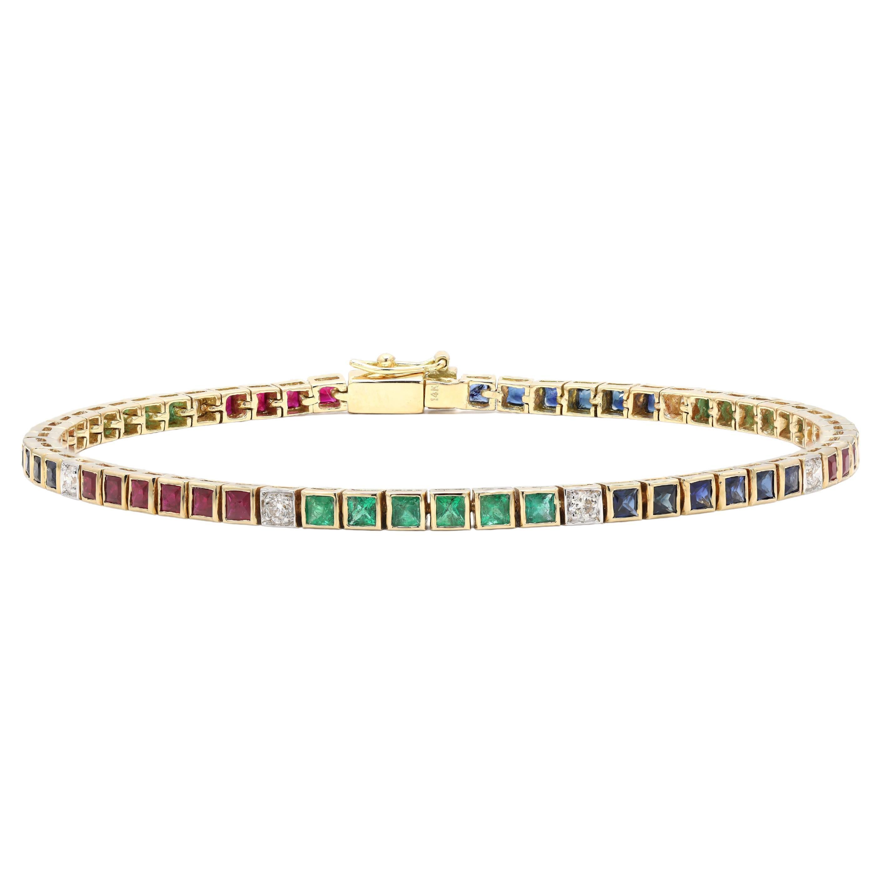 Emerald, Ruby, Sapphire & Diamond Tennis Bracelet in 14K Solid Yellow Gold
