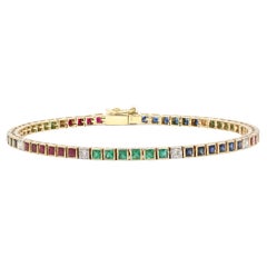Emerald, Ruby, Sapphire & Diamond Tennis Bracelet in 14K Solid Yellow Gold