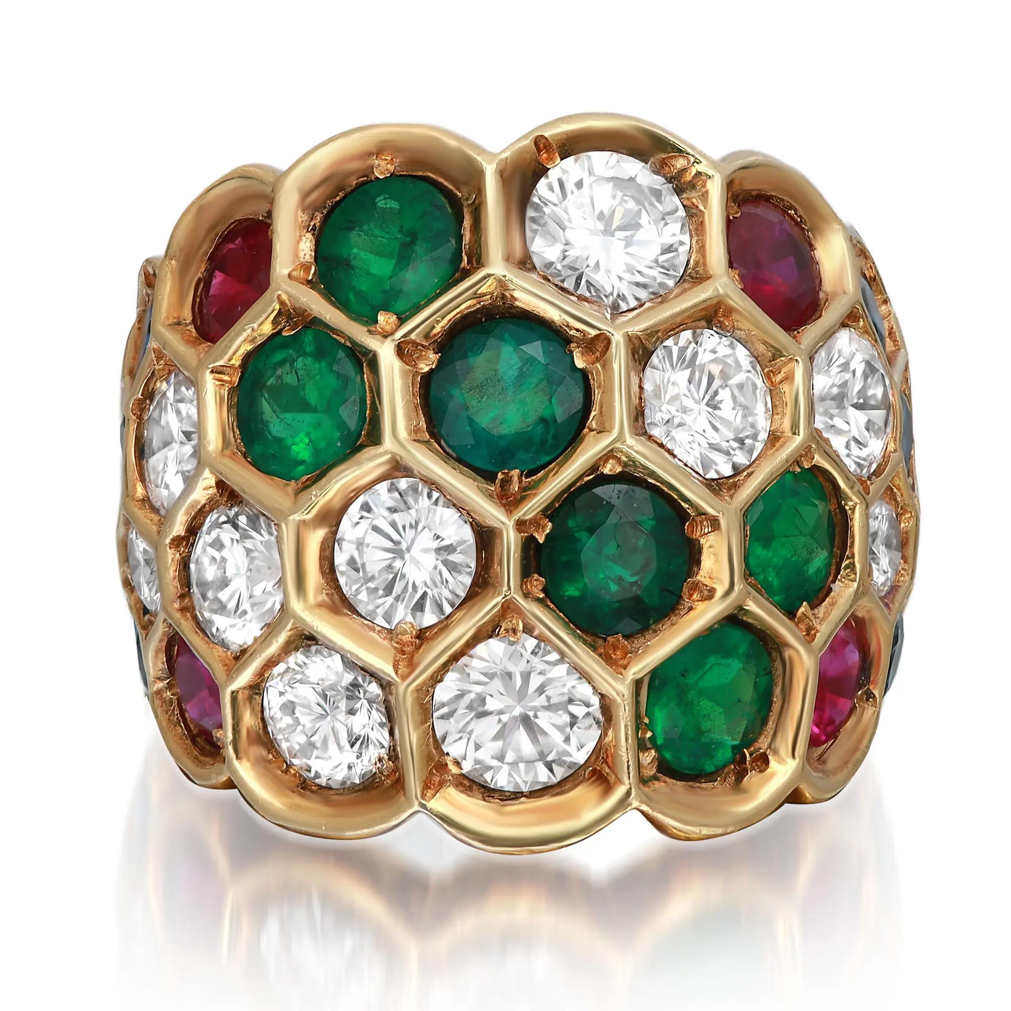 Emerald Ruby Sapphire Diamond Wide Cocktail Band Ring 18K Yellow Gold Size 6.75