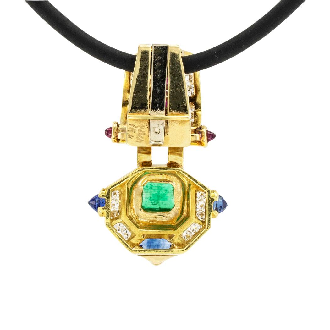 Contemporary Emerald Ruby Sapphire Diamond Yellow Gold Enhancer Pendant