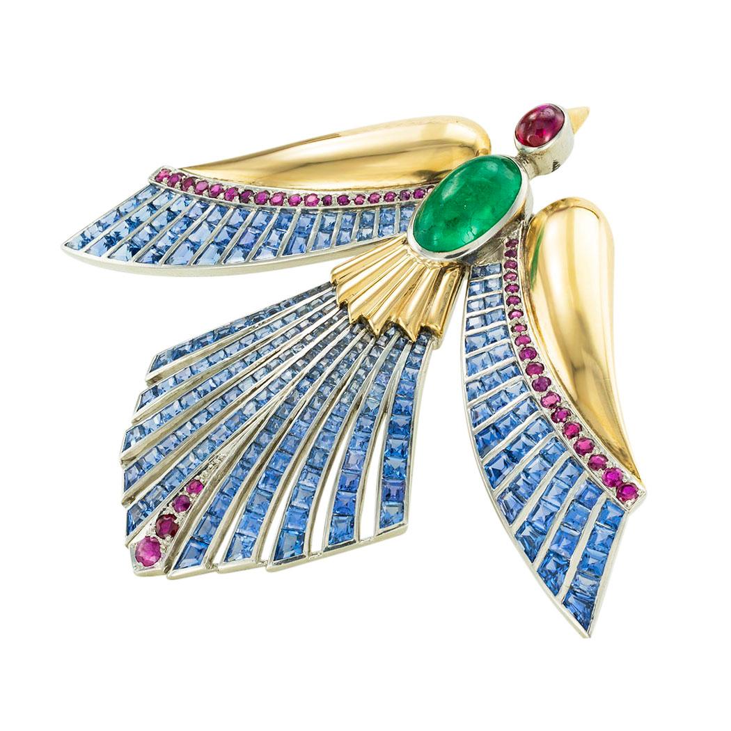 Retro Emerald Ruby Sapphire Gold Phoenix Bird Clip Brooch For Sale