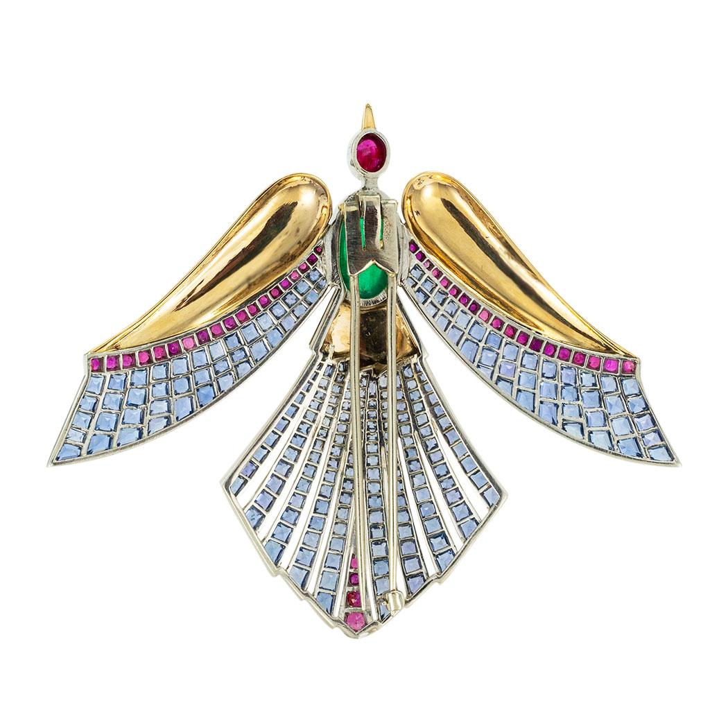 Mixed Cut Emerald Ruby Sapphire Gold Phoenix Bird Clip Brooch For Sale