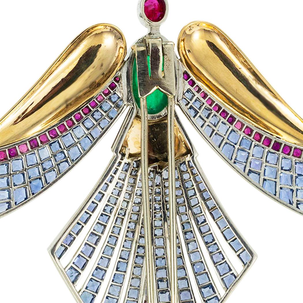 Emerald Ruby Sapphire Gold Phoenix Bird Clip Brooch In Good Condition For Sale In Los Angeles, CA
