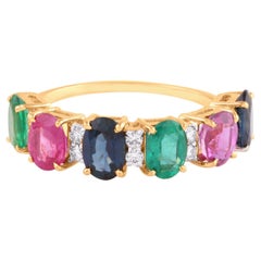 Emerald, Ruby, Sapphire Oval & Diamond Ring In 18K Yellow Gold