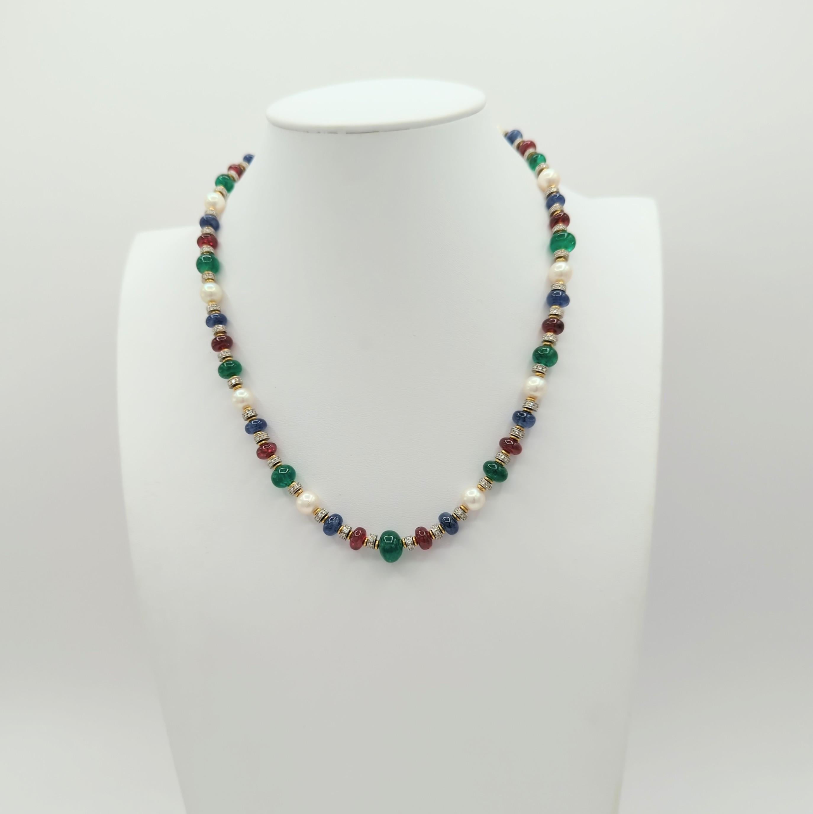 Emerald, Ruby, Sapphire, Pearl and White Diamond Bead Necklace in 18K Gold In New Condition For Sale In Los Angeles, CA