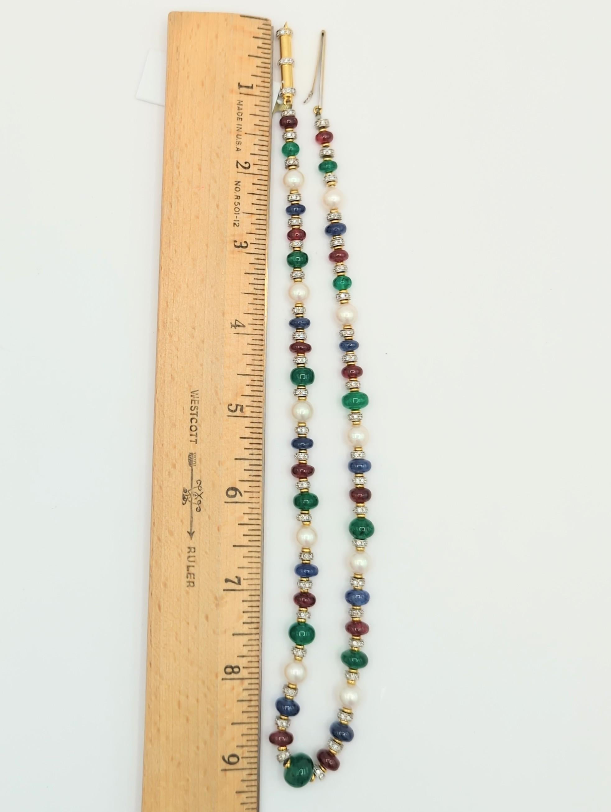 Women's or Men's Emerald, Ruby, Sapphire, Pearl and White Diamond Bead Necklace in 18K Gold For Sale