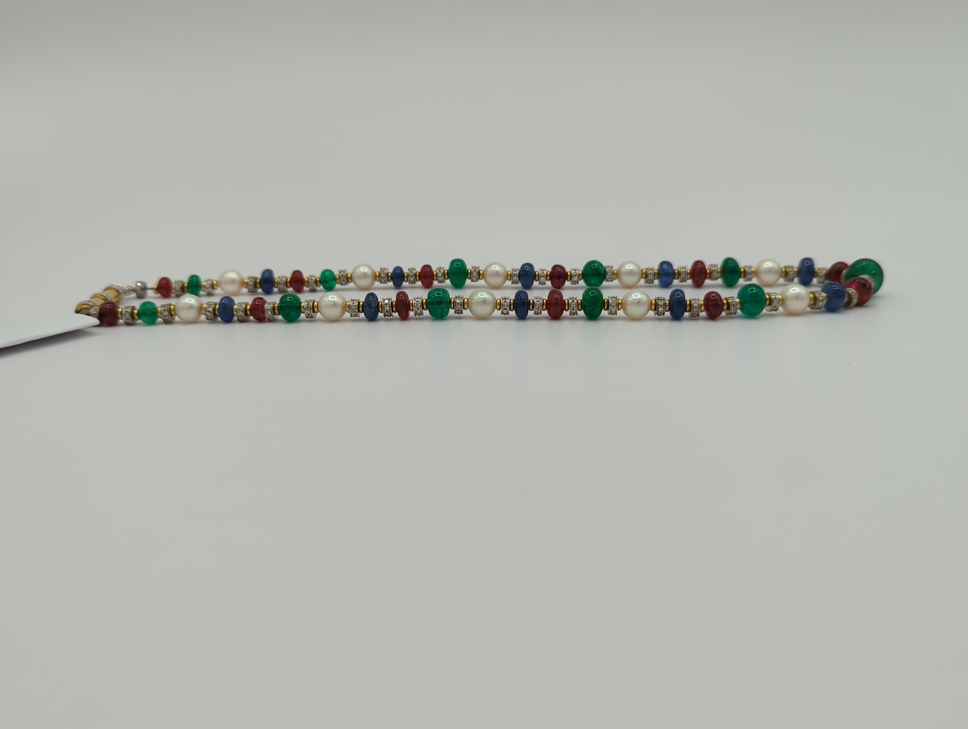 Emerald, Ruby, Sapphire, Pearl and White Diamond Bead Necklace in 18K Gold For Sale 1
