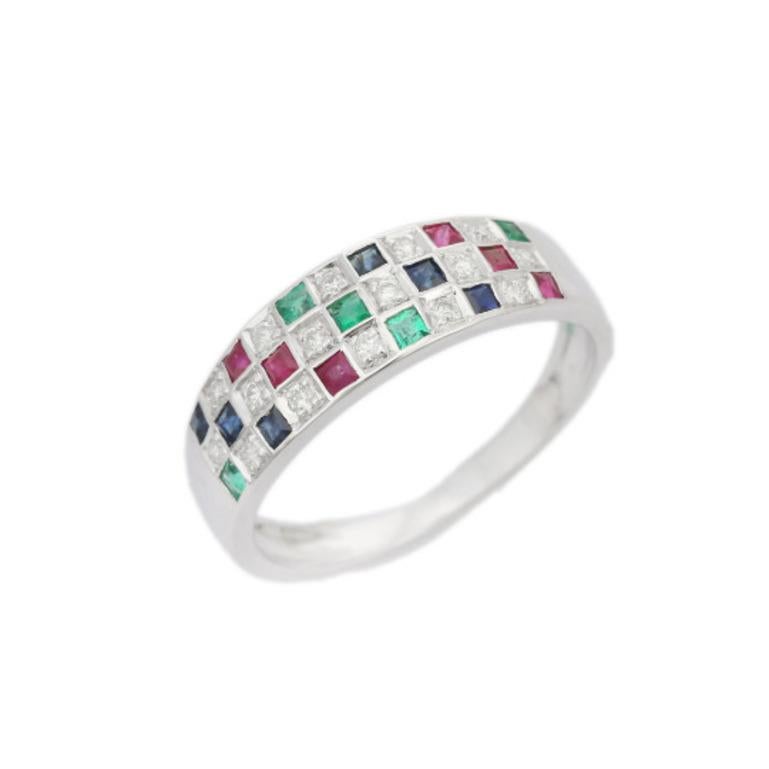 For Sale:  Emerald Ruby Sapphire Ring with Diamond in Sterling Silver for Women 2