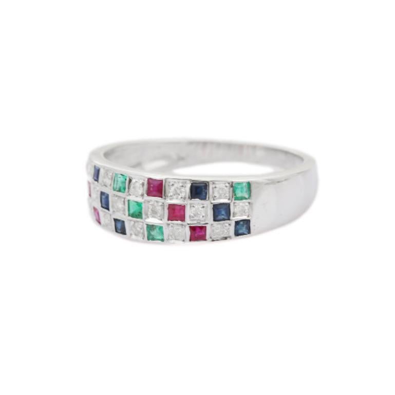 For Sale:  Emerald Ruby Sapphire Ring with Diamond in Sterling Silver for Women 5