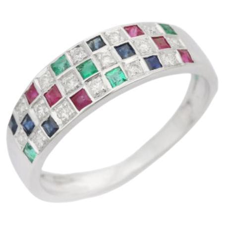 For Sale:  Emerald Ruby Sapphire Ring with Diamond in Sterling Silver for Women