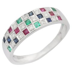 Emerald Ruby Sapphire Ring with Diamond in Sterling Silver for Women