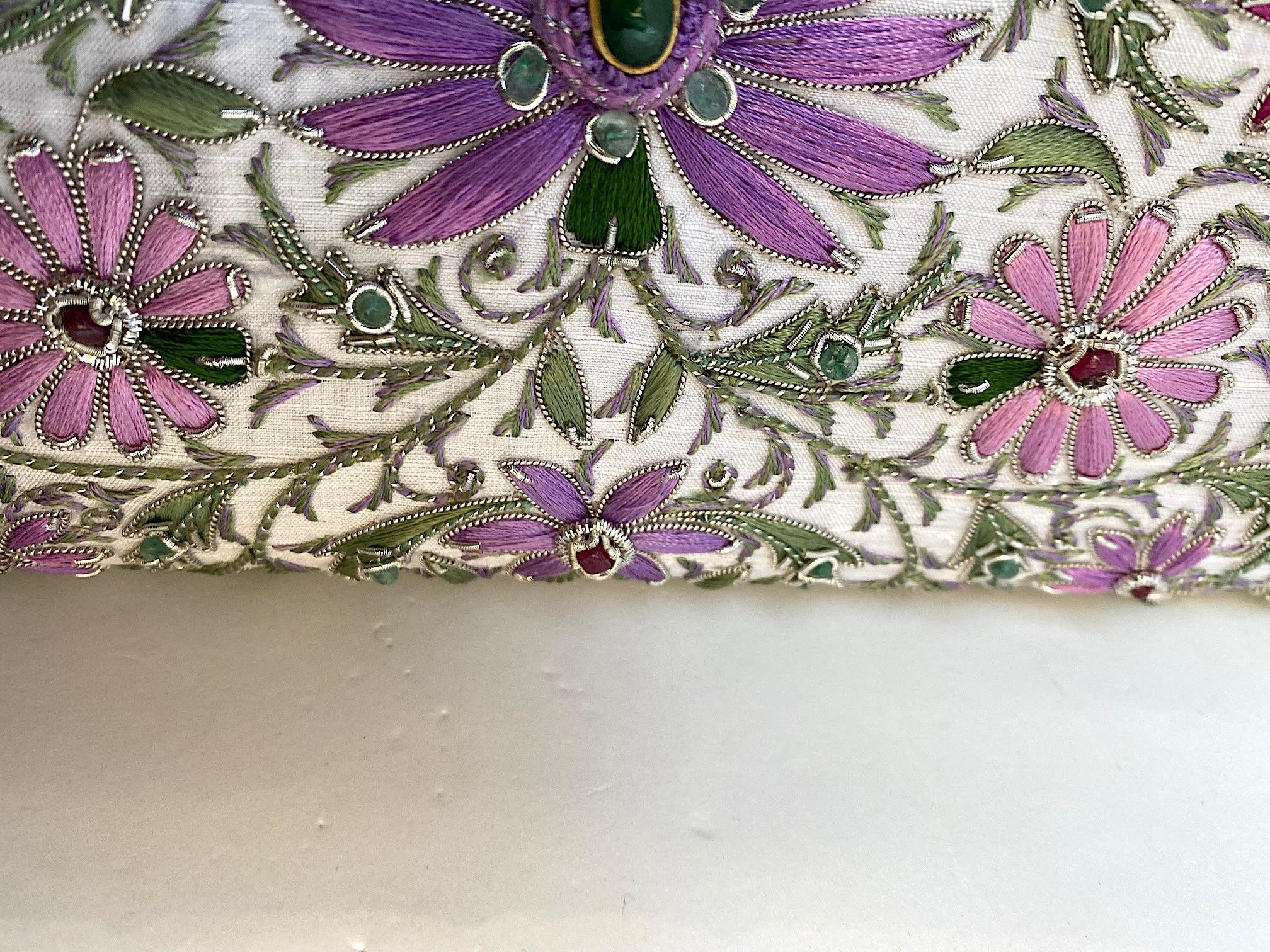 Emerald & Ruby Silk Jewel Embroidered Evening Bag For Sale 8