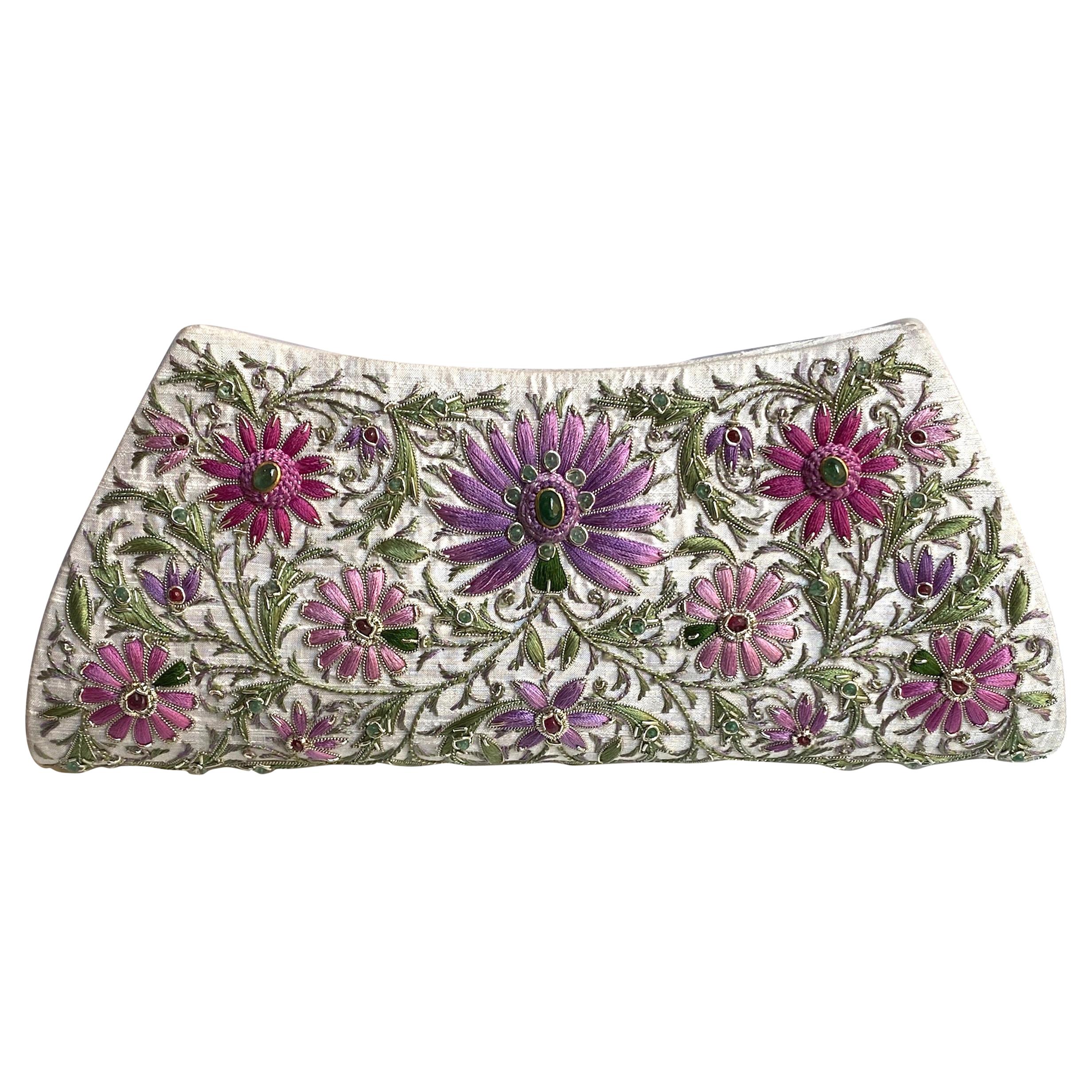Emerald & Ruby Silk Jewel Embroidered Evening Bag