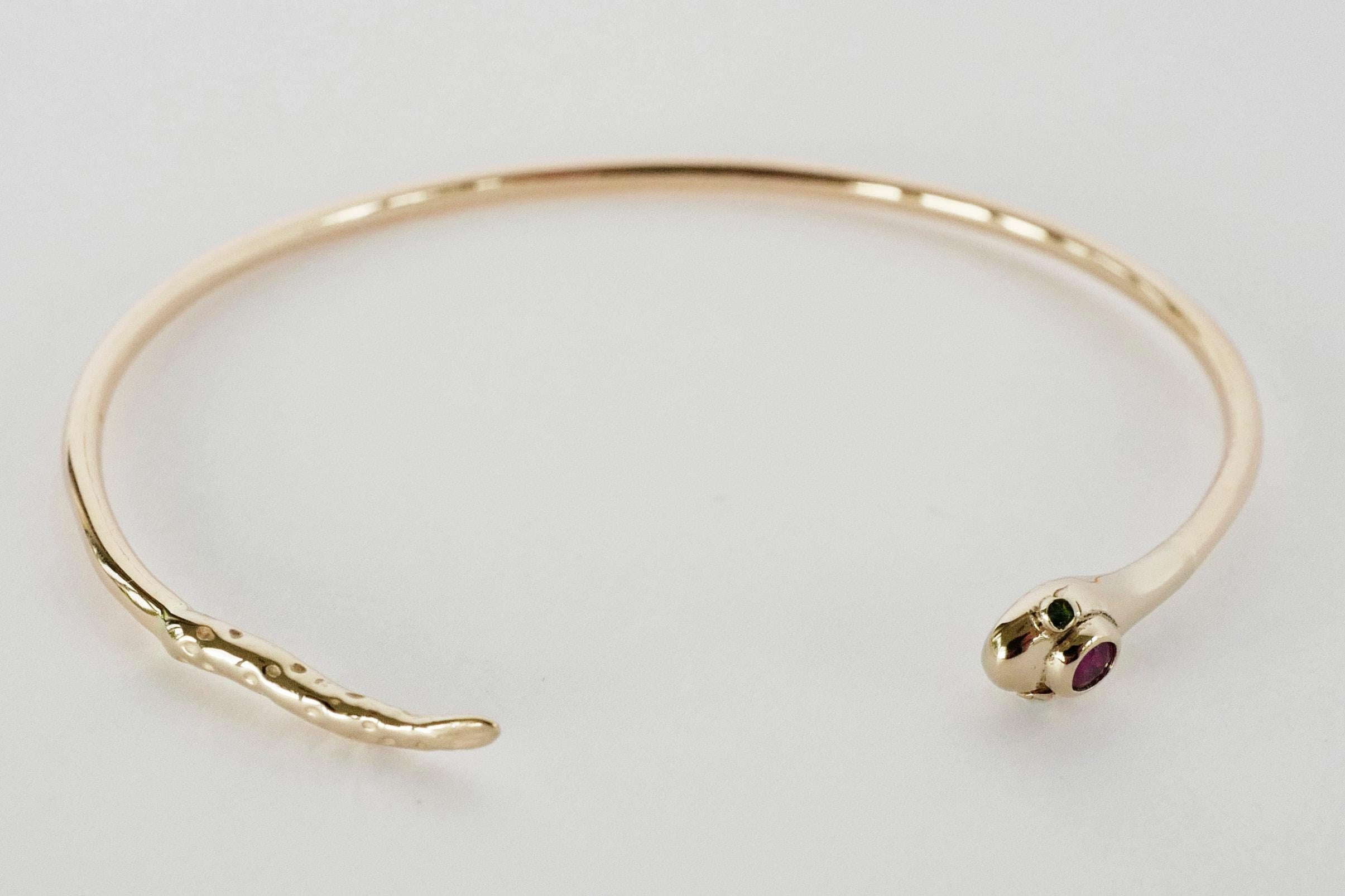 Round Cut Emerald Ruby Snake Bangle Cuff Bracelet Gold Vermeil Animal Jewelry J Dauphin For Sale